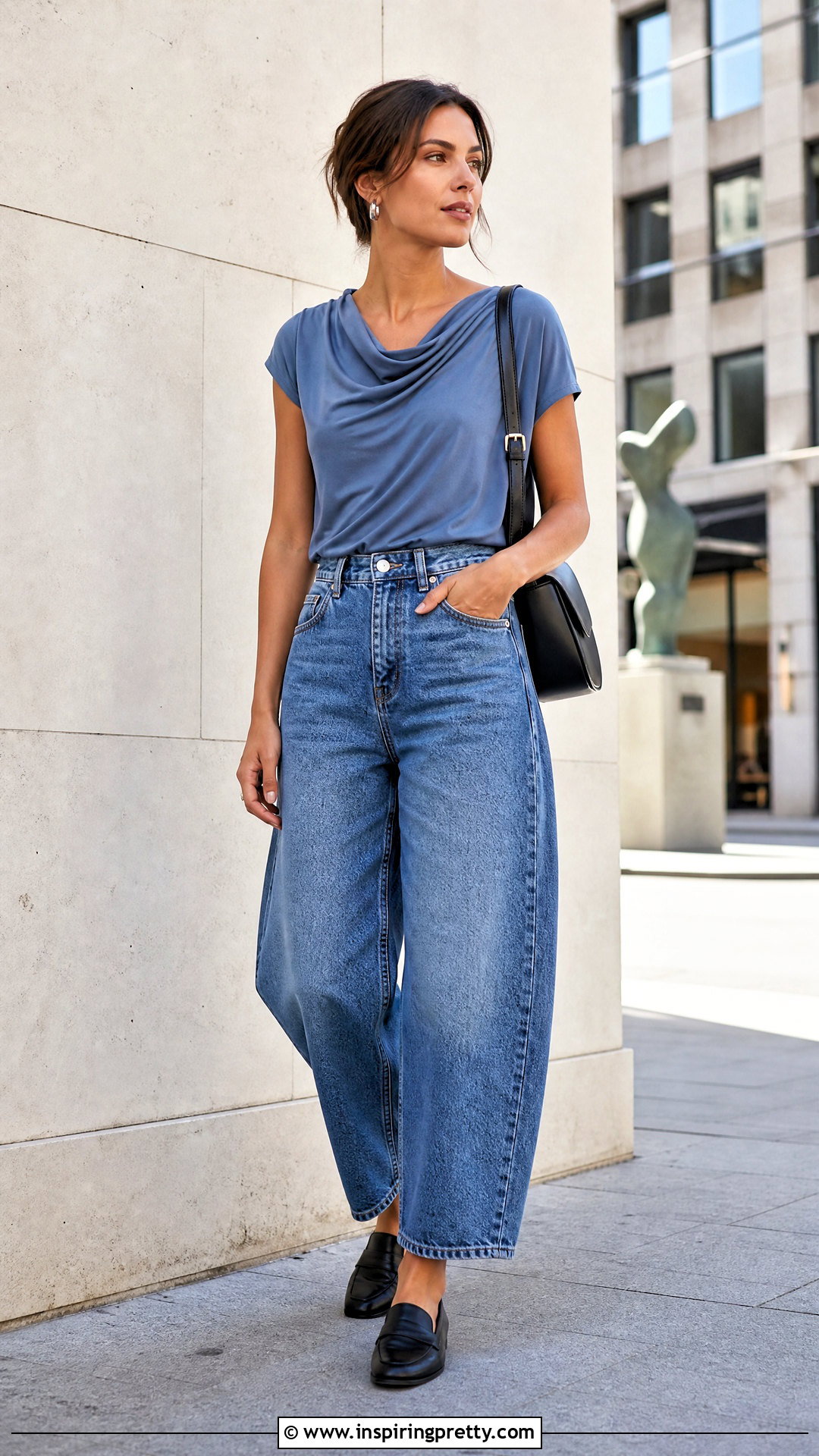 Draped Top With Barrel Leg Jeans - 50 unique tops outfit ideas