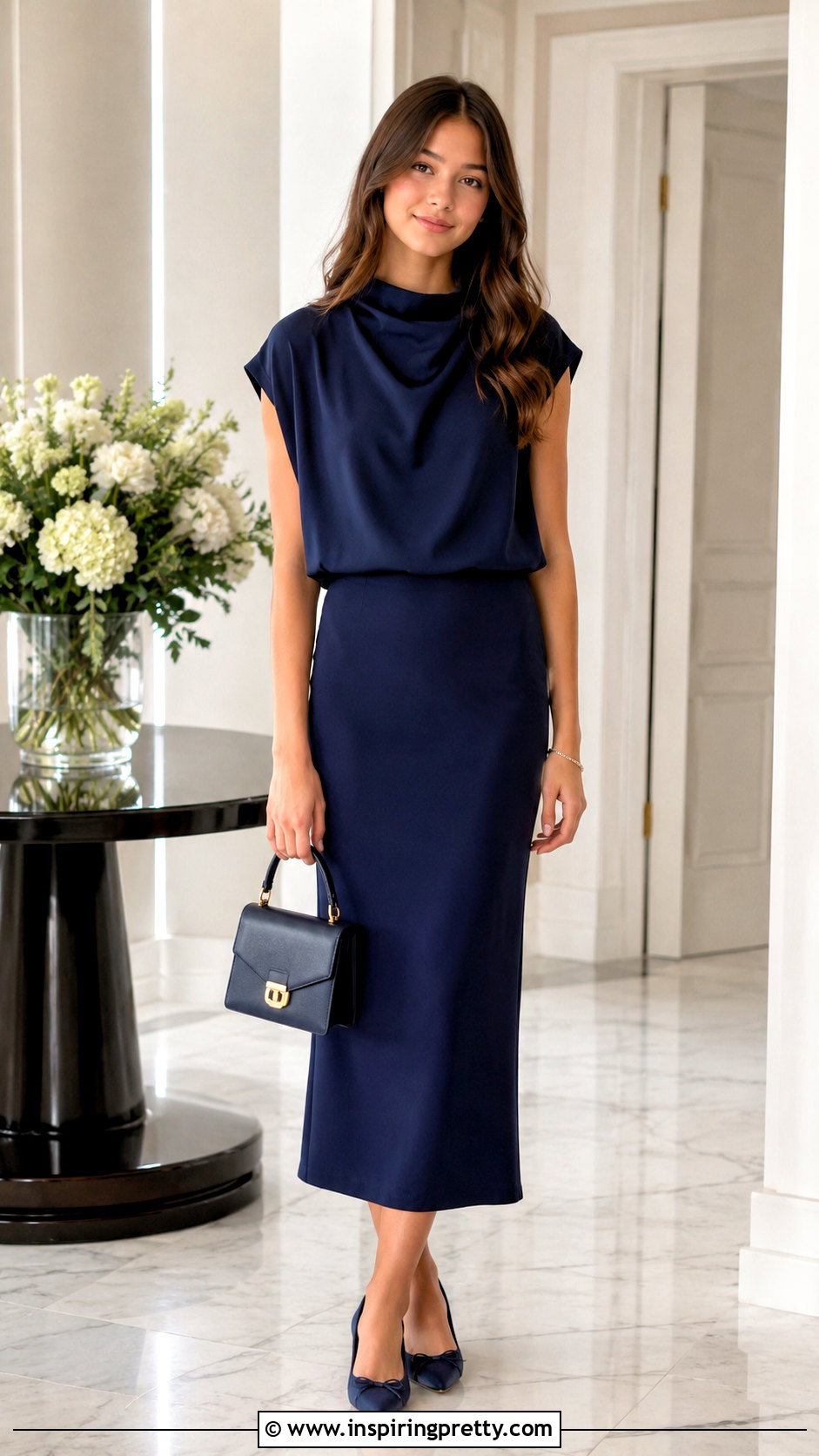 Draped Top With Column Skirt - 20 girls dressy tops outfit ideas