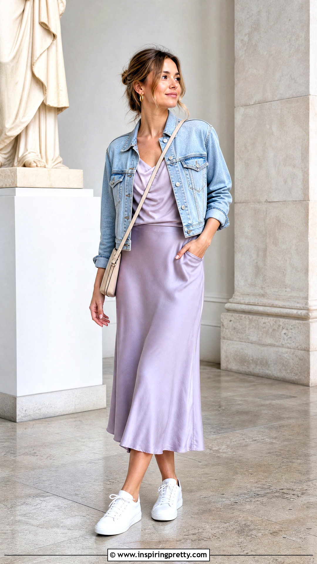 Draped Top With Denim Jacket And Midi Skirt - 50 draped top outfit ideas