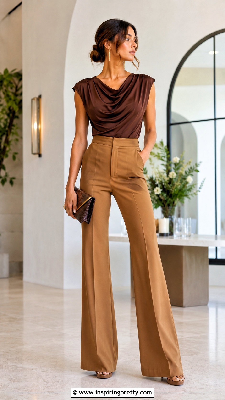 Draped Top With Flared Dress Pants Outfit - 20 dressy pants and tops outfit ideas