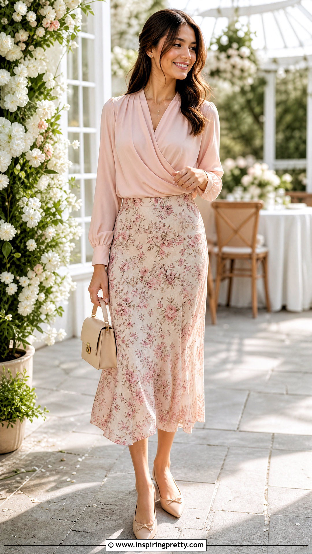 Draped Top With Midi Skirt And Ballet Flats - 50 draped top outfit ideas