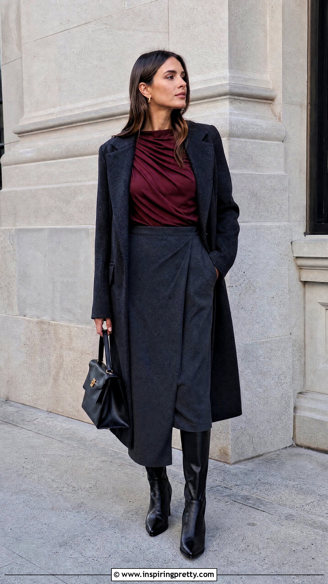 Draped Top With Midi Skirt And Knee High Boots - 50 draped top outfit ideas