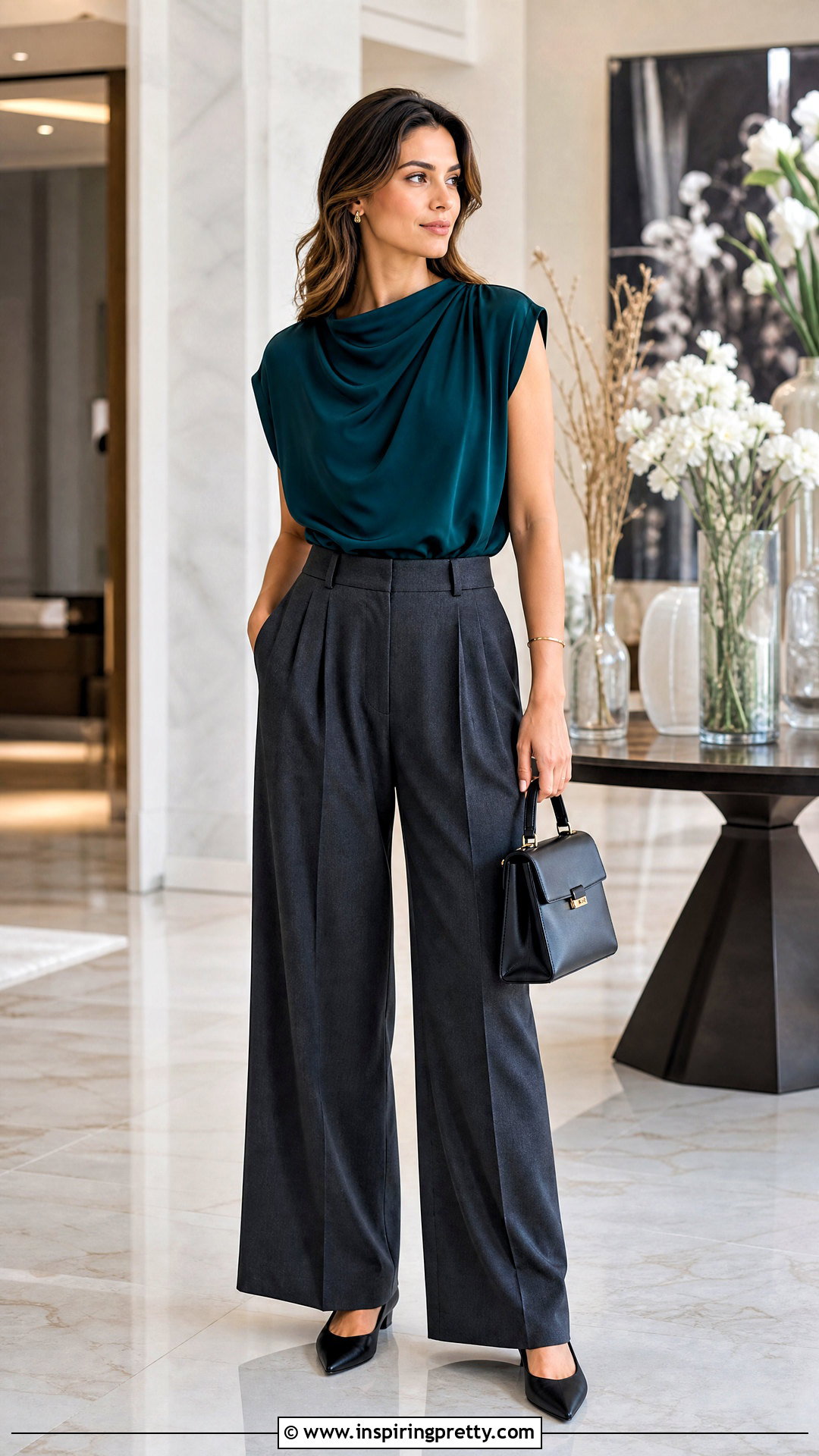 Draped Top With Pleated Trousers - 50 cute top outfit ideas