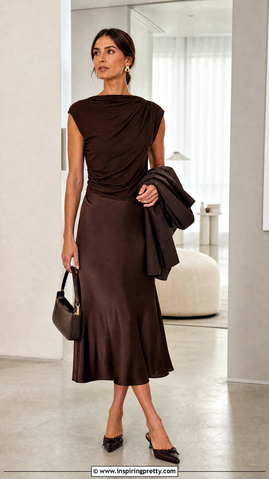 Draped Top With Satin Midi Skirt - 50 new tops outfit ideas