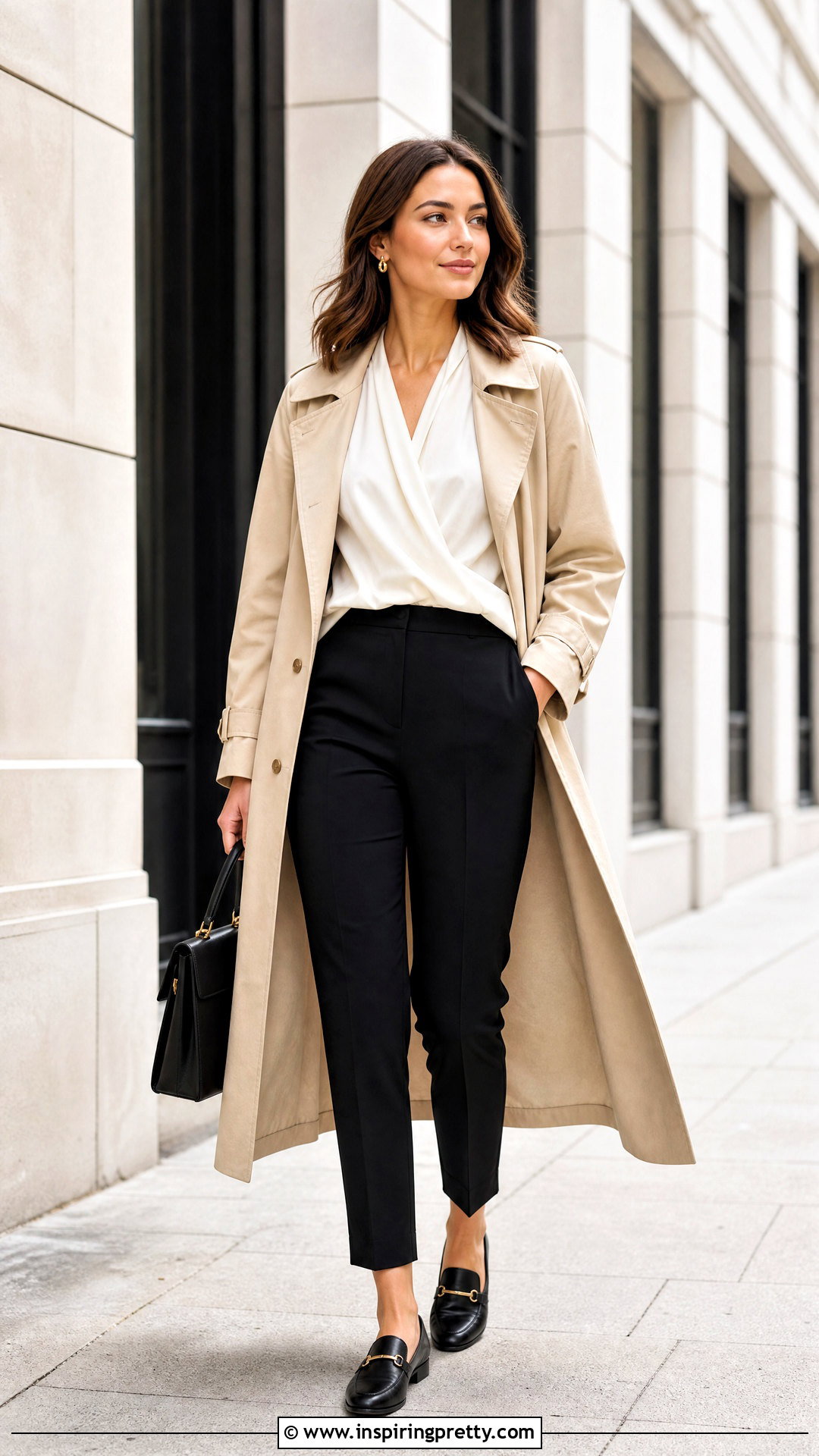 Draped Top With Trench Coat And Trousers - 50 draped top outfit ideas
