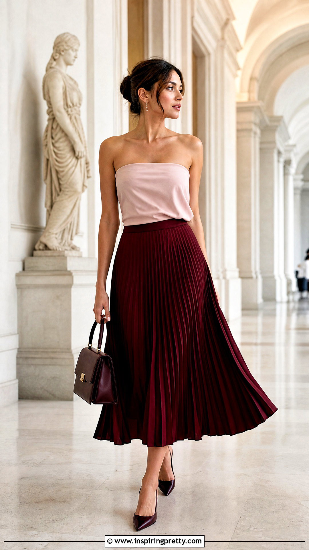 Draped Tube Top With Pleated Midi Skirt - 25 posh tube top outfit ideas