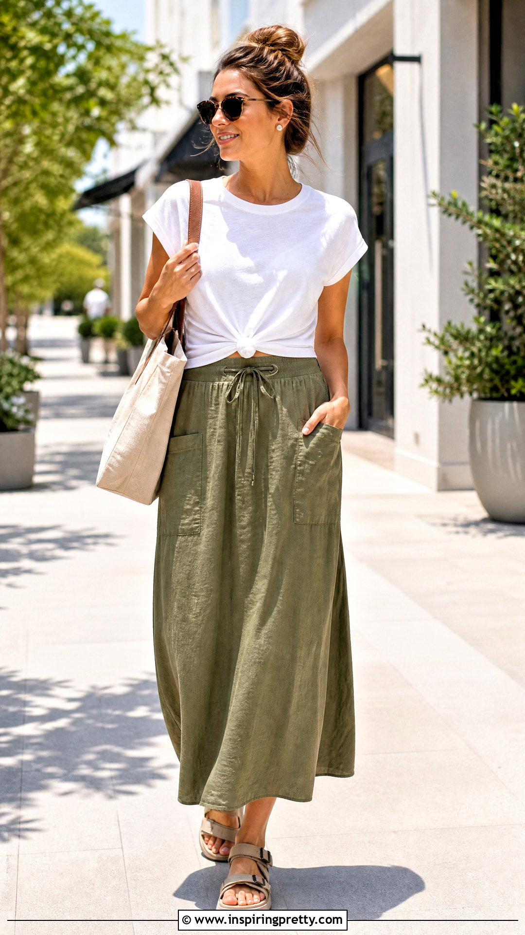 Drawstring Long Skirt And Knotted T Shirt Outfit - 50 long skirt and top casual outfits