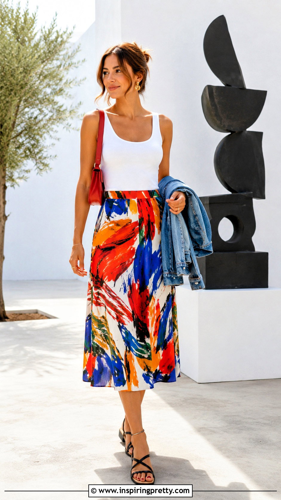 Dua Lipa White Tank Top With a Printed Midi Skirt - 20 dua lipa white tank top outfit ideas