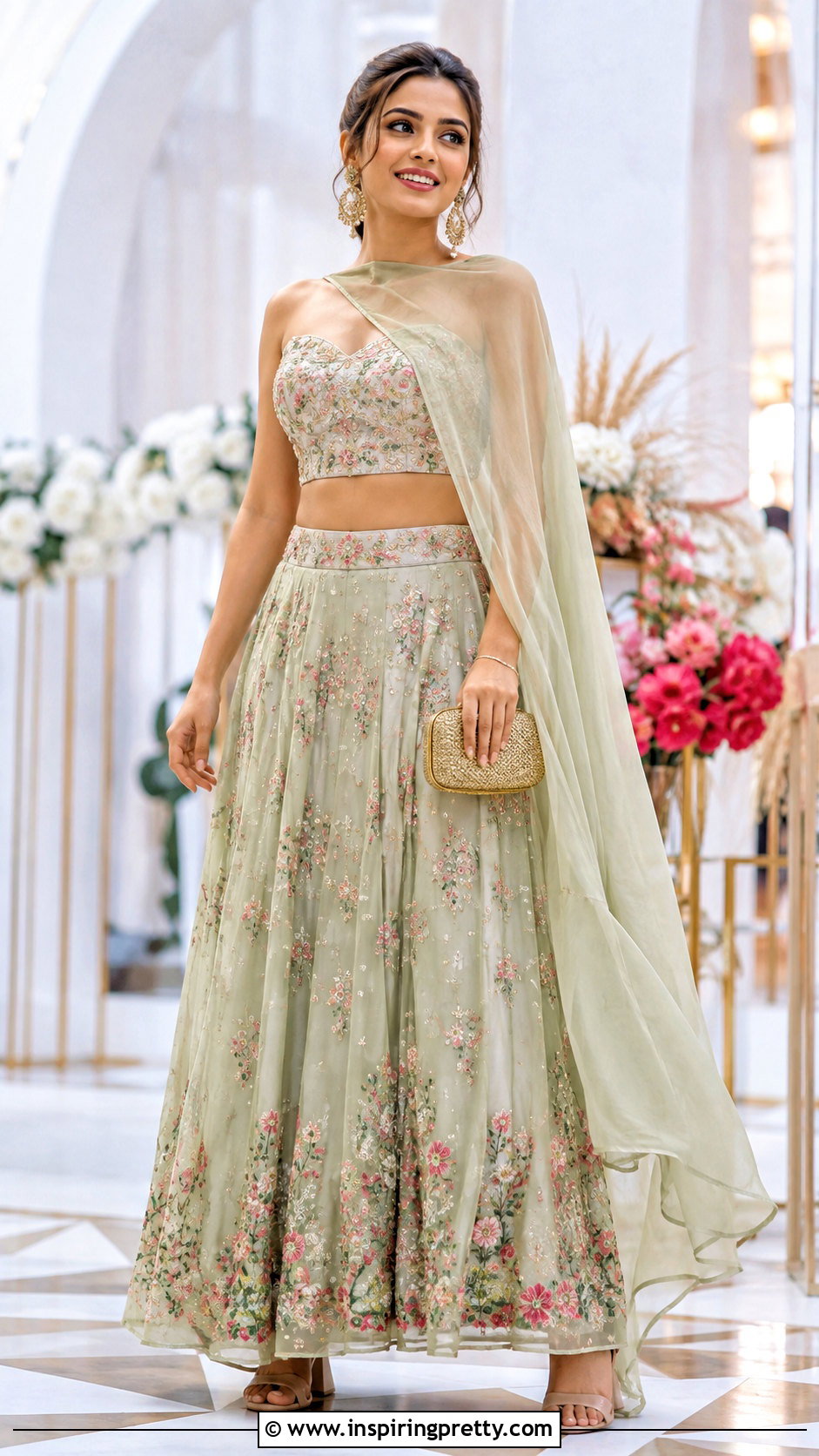 Dupatta Style Crop Top With Lehenga - 50 traditional crop top designs