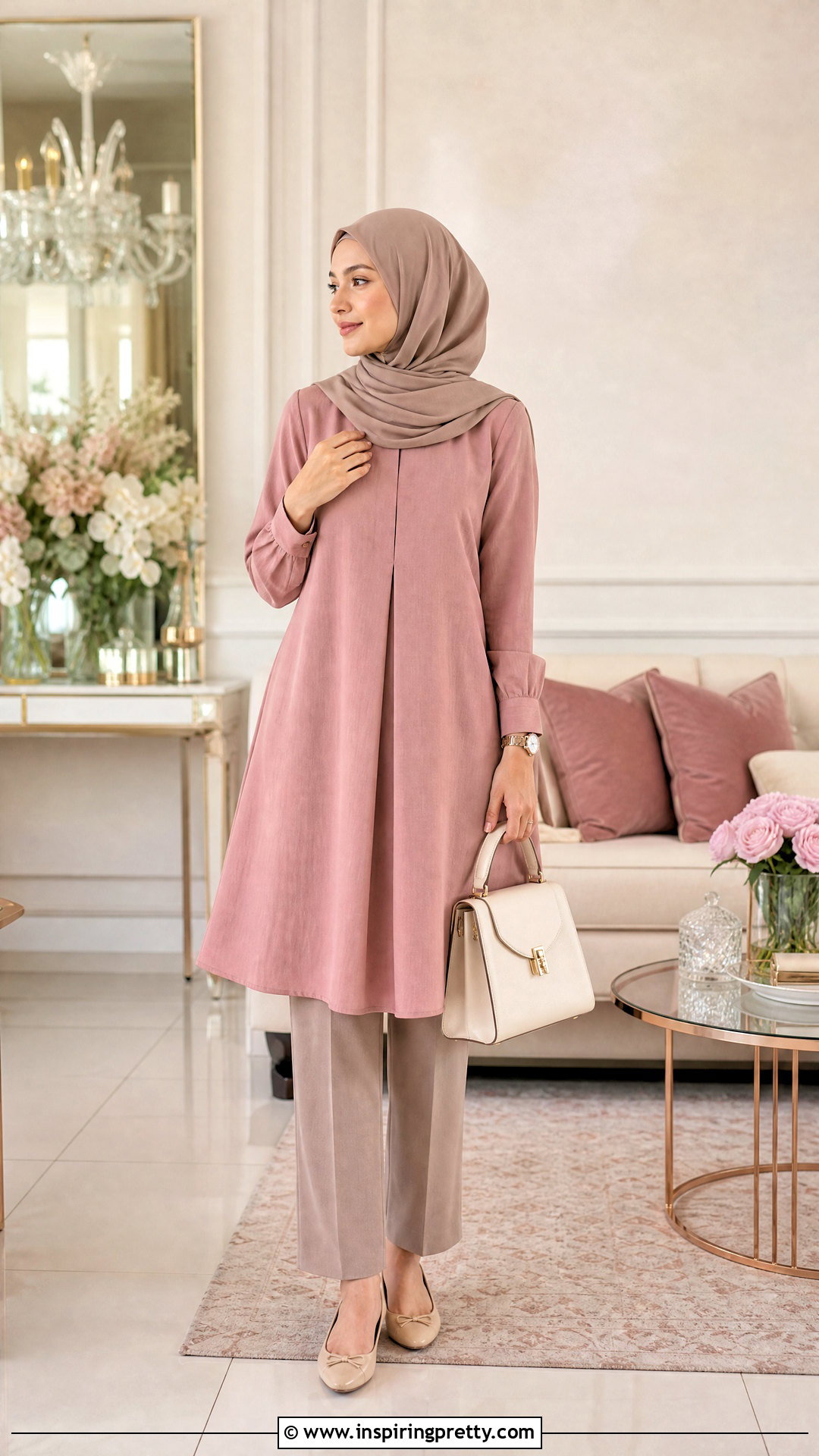 Dusty Pink Long Top With Taupe Pants - 50 long tops designs for muslims