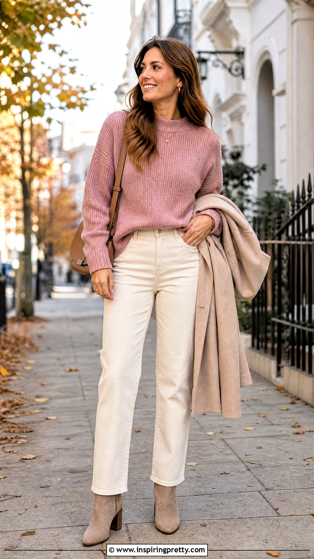 Dusty Pink Sweater With Cream Jeans - 50 cute pink tops outfit ideas