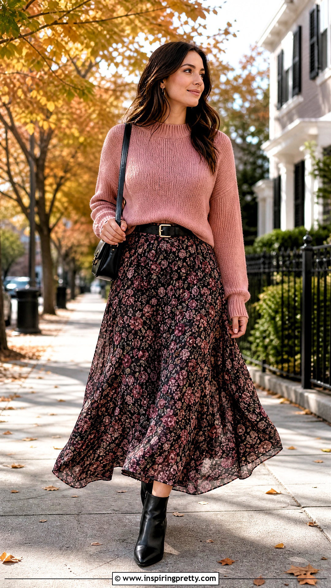 Dusty Pink Sweater With Dark Floral Maxi Skirt - 20 floral skirt and pink top set outfit ideas