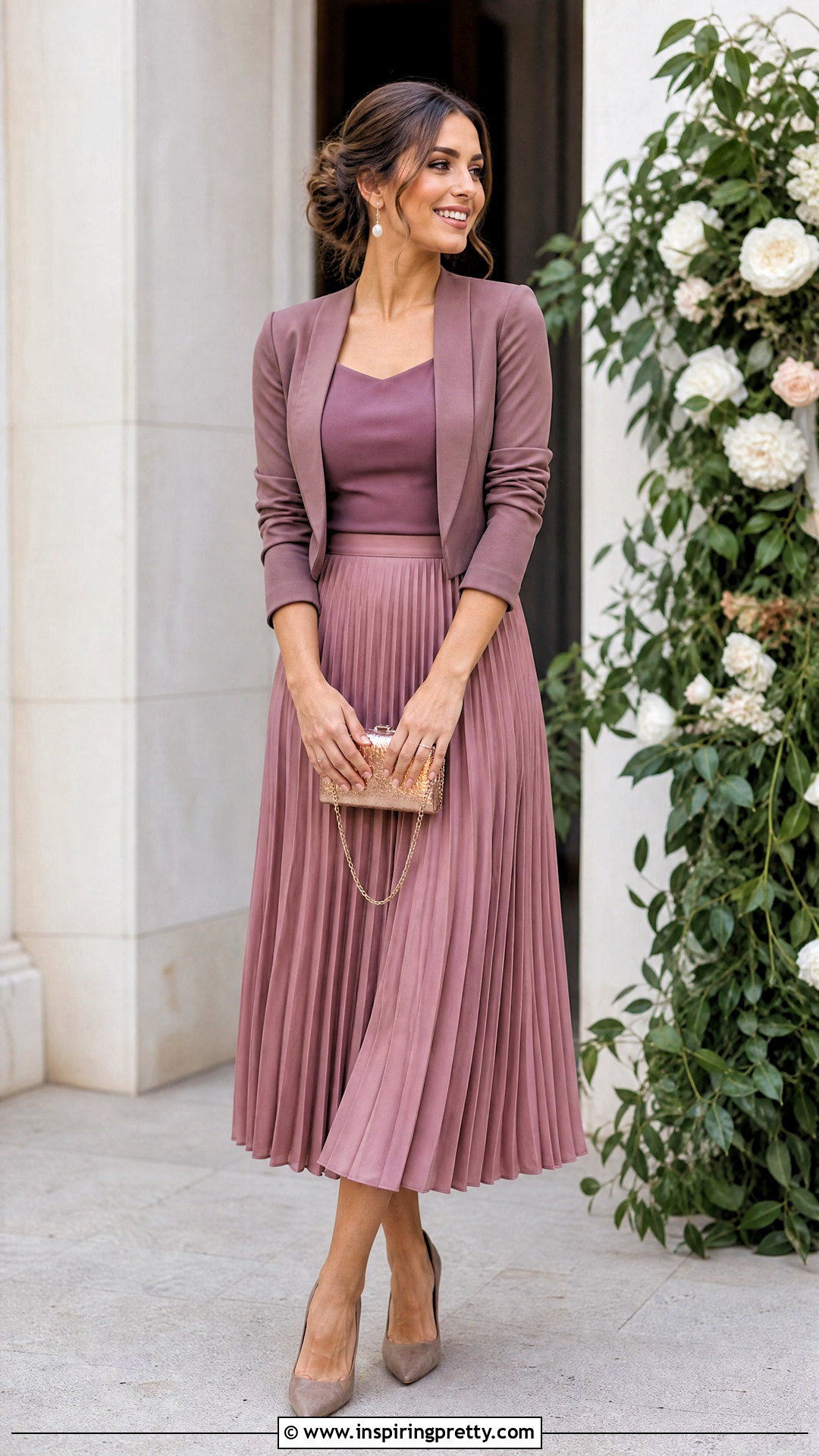 Dusty Rose Skirt And Mauve Top - 50 wedding guest skirt and top outfit ideas