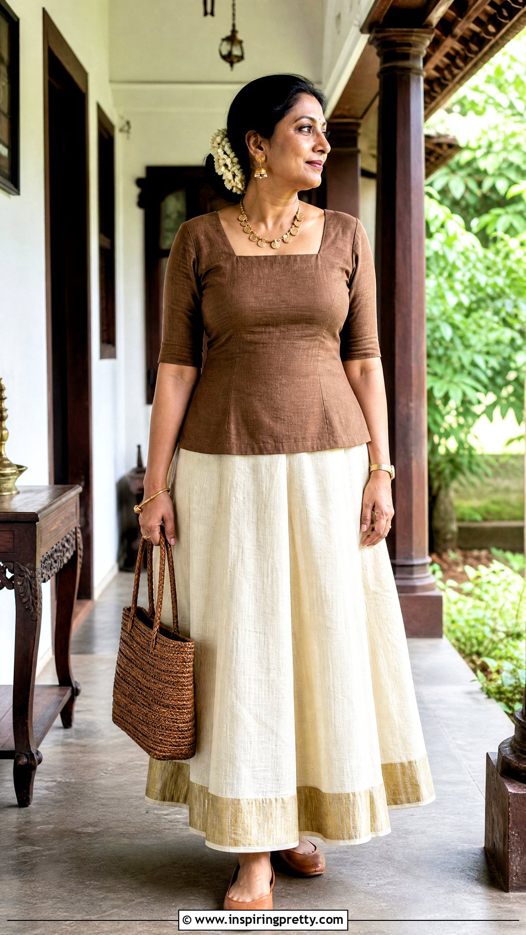 Earth Brown Top And Handwoven Onam Skirt - 50 latest onam skirt and top designs