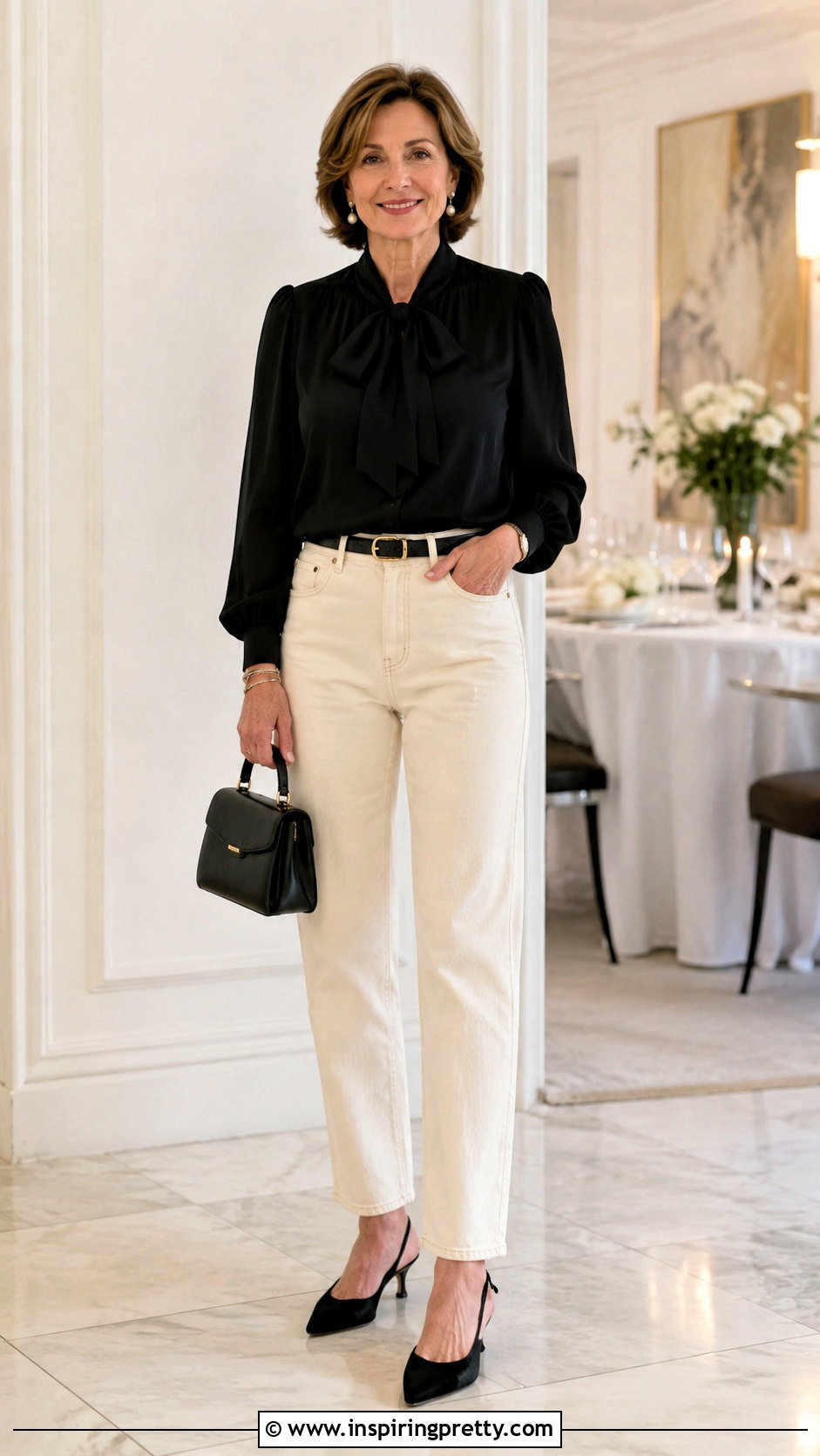 Ecru Jeans And Black Bow Top - 20 party outfit jeans and tops