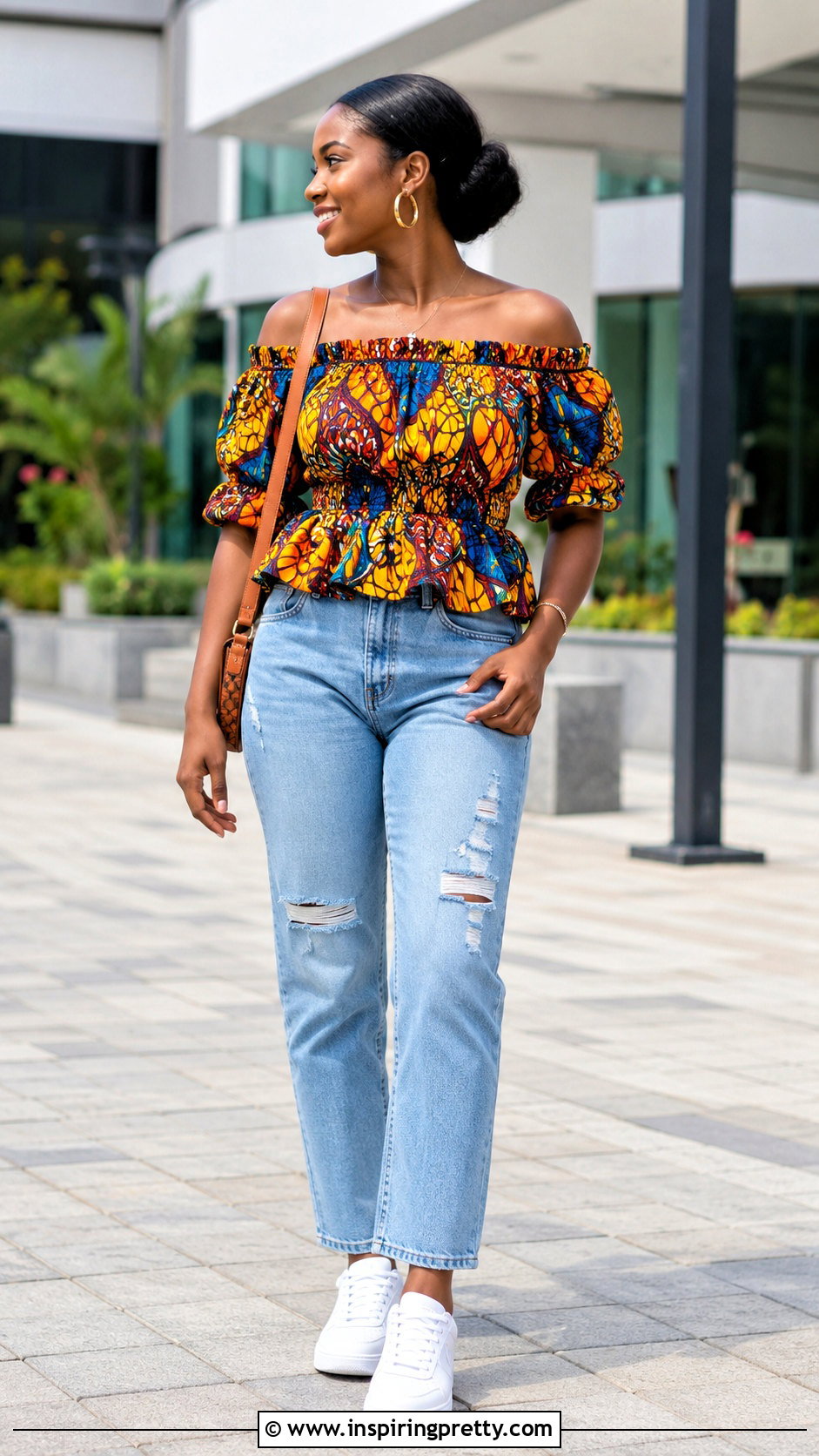 Elastic Ankara Off Shoulder Top With Distressed Jeans - 20 ankara tops with jeans off shoulder outfits