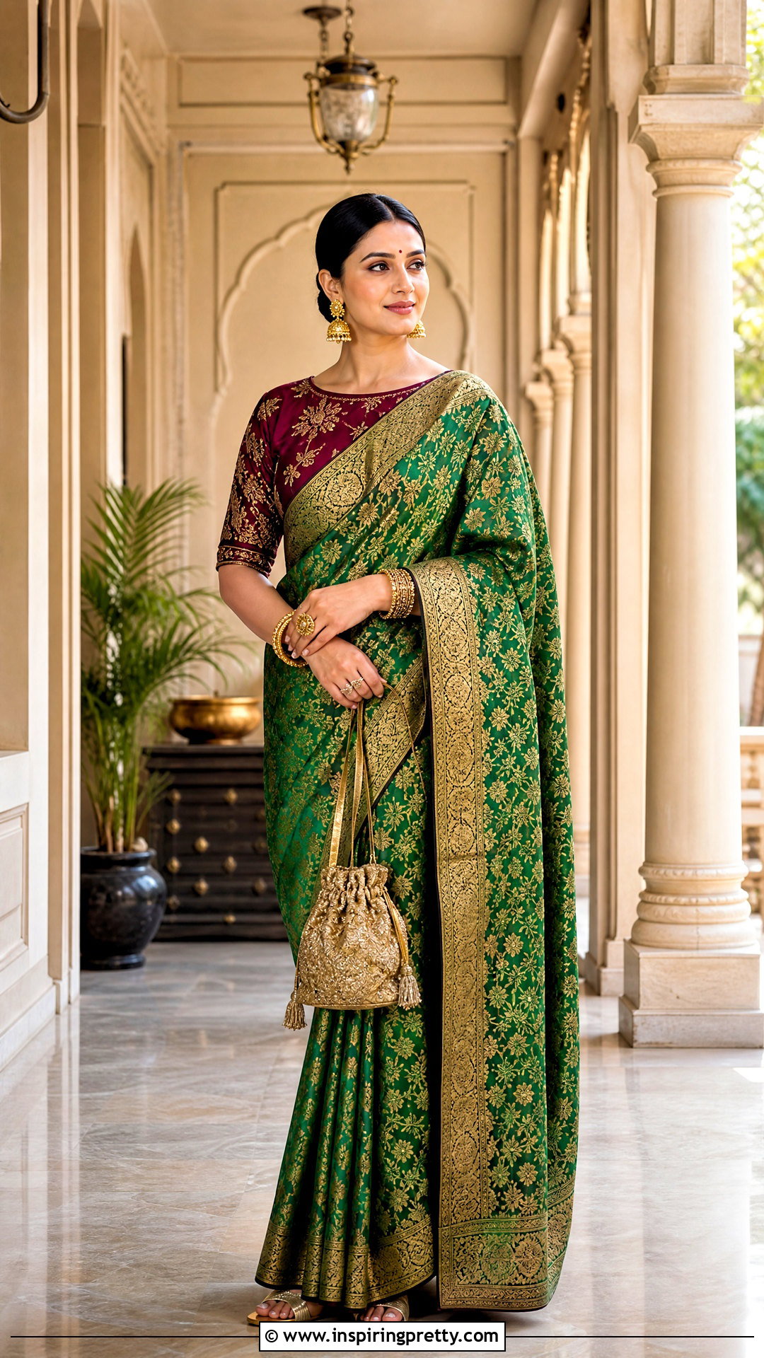 Elbow Sleeve Brocade Top With Banarasi Saree - 50 brocade top designs