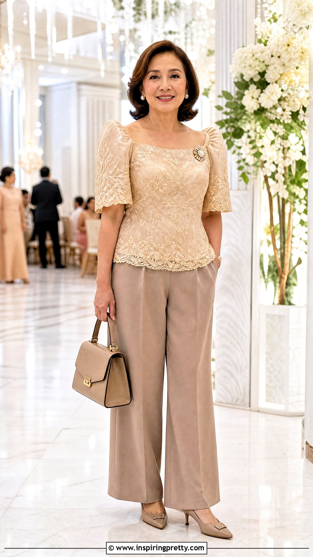 Elegant Filipiniana Blouse With Neutral Trousers - 50 filipiniana top and pants