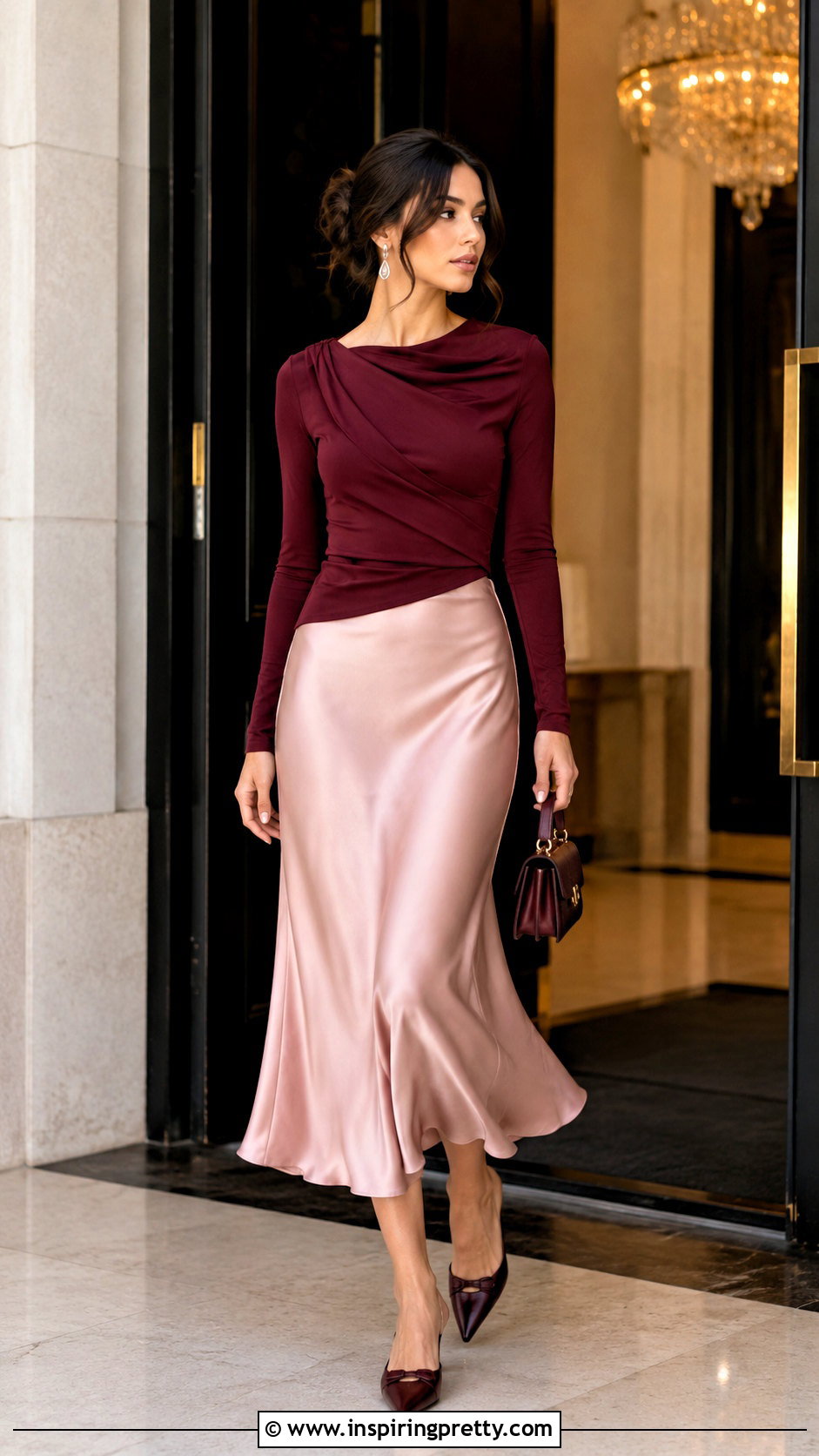 Elegant Long Sleeve Top With Satin Midi Skirt - 50 long sleeve going out tops outfit ideas