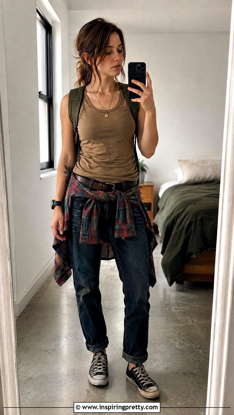 Ellie TLOU Tan Tank Top With Dark Jeans and Flannel - 25 ellie tlou tank top outfit ideas