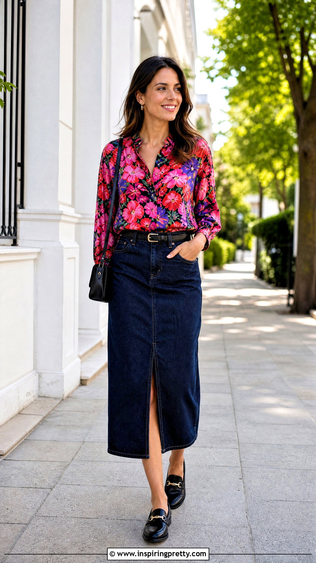 Emanuel Ungaro Printed Top With Denim Midi Skirt - 20 emanuel ungaro top outfit ideas