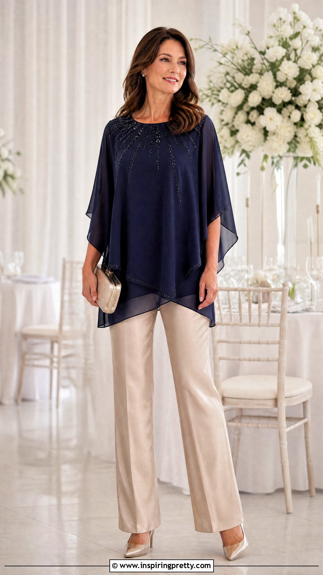 Embellished Chiffon Hem Top With Satin Pants - 20 chiffon hem top outfit ideas