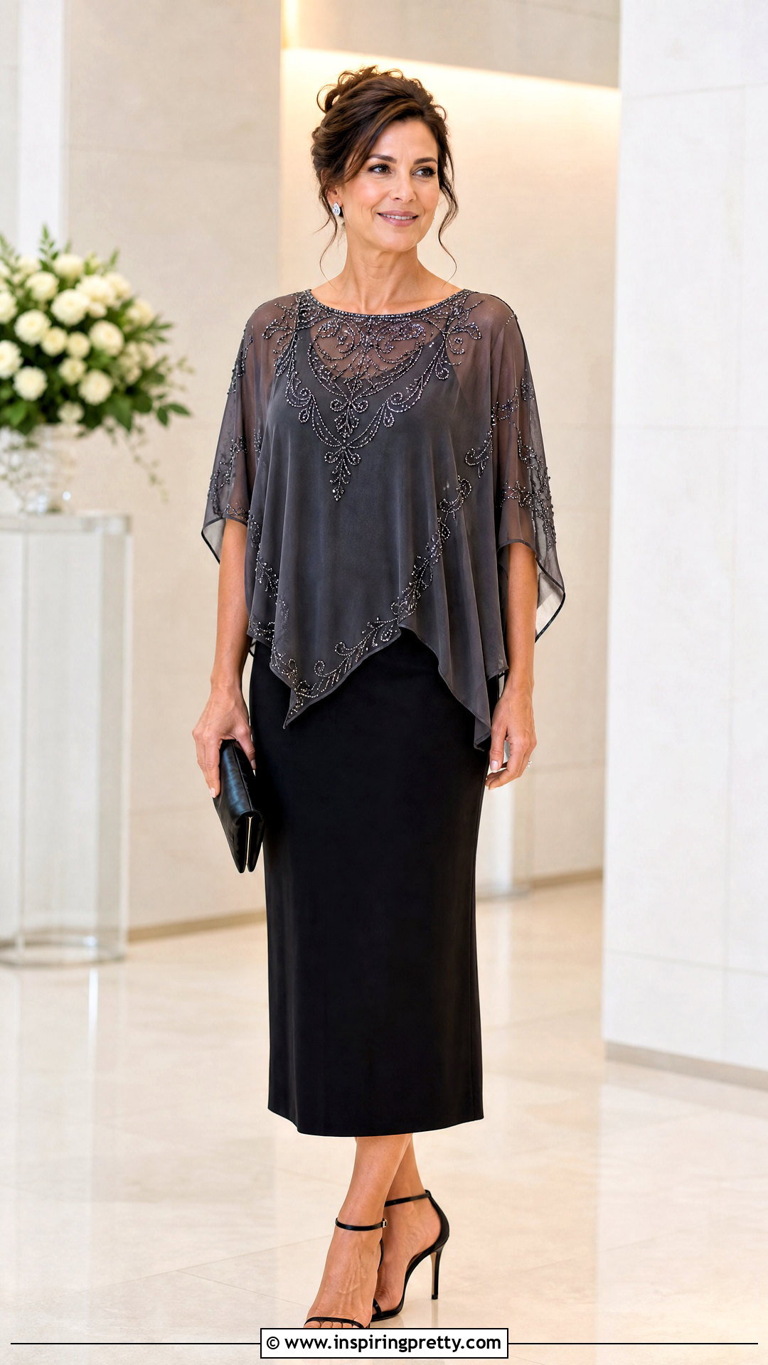 Embellished Chiffon Poncho Top With Black Midi Skirt - 25 Chiffon Poncho Tops outfit ideas