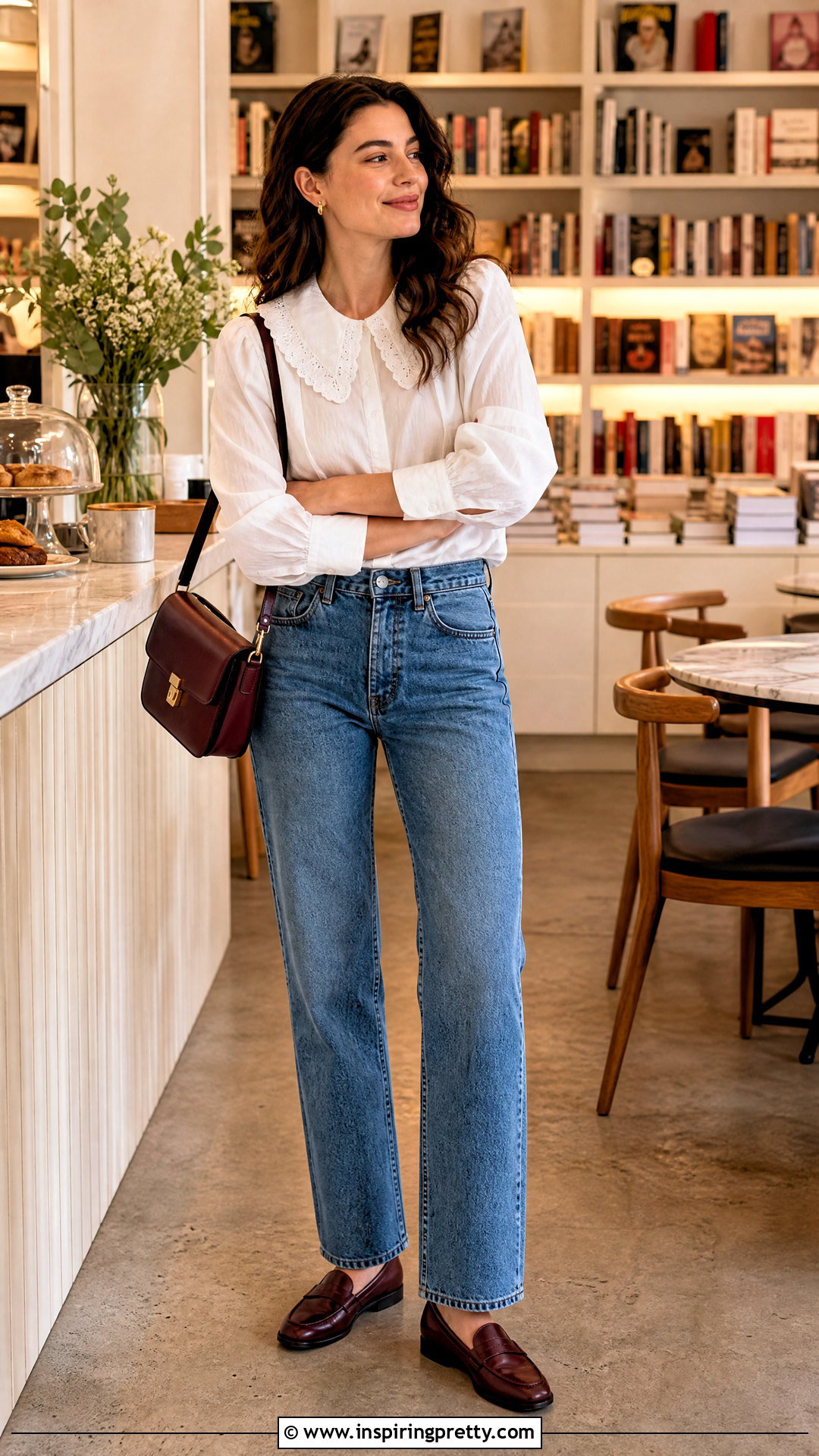 Embellished Collar Blouse With Cropped Jeans - 25 perky top outfit ideas