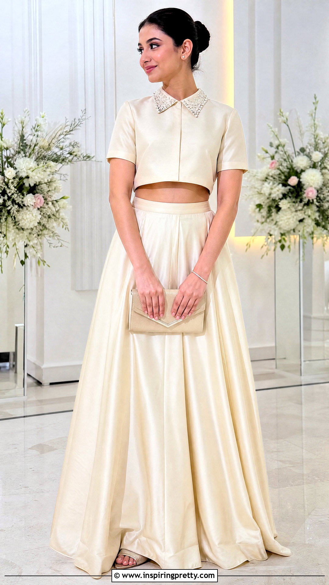 Embellished Collar Crop Shirt With Plain Lehenga Outfit - 25 shirt crop top lehenga outfit ideas