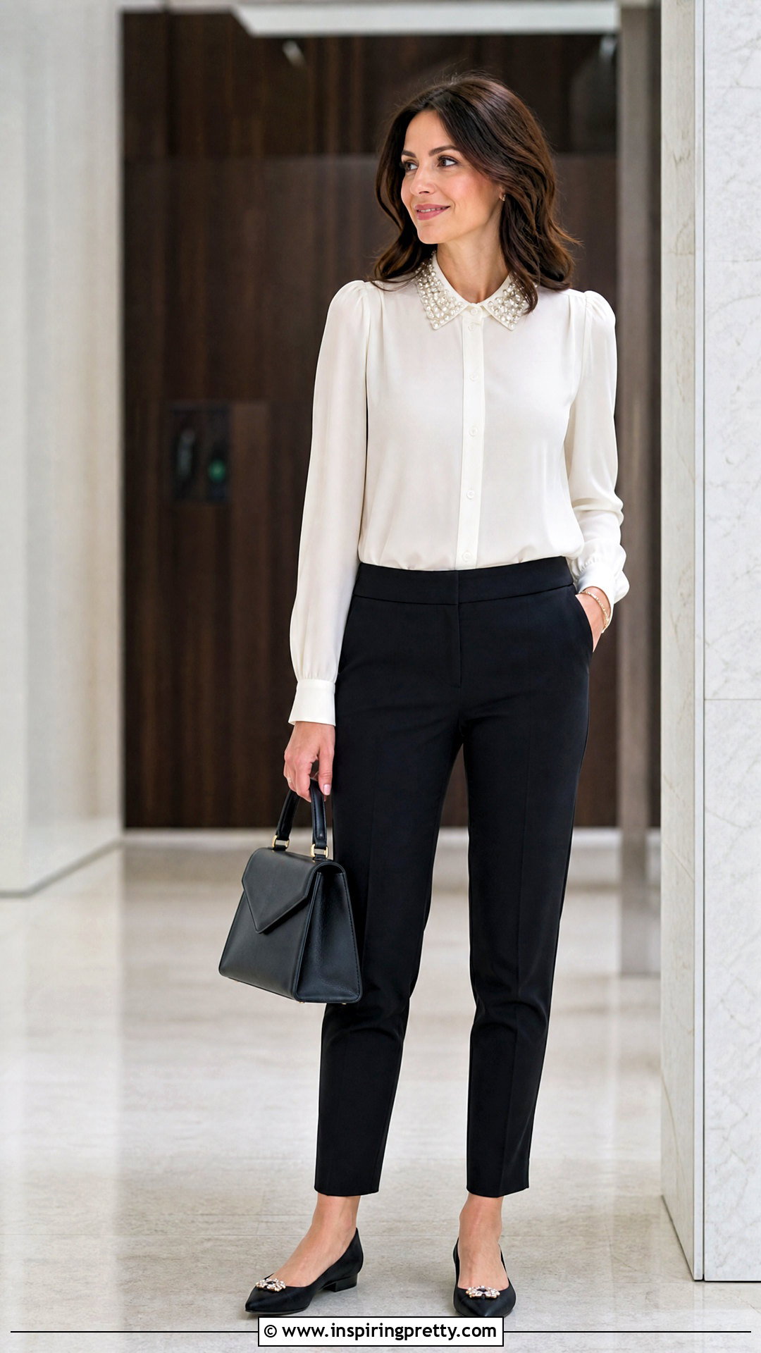 Embellished Collar Statement Top With Cigarette Pants - 50 statement tops outfit ideas