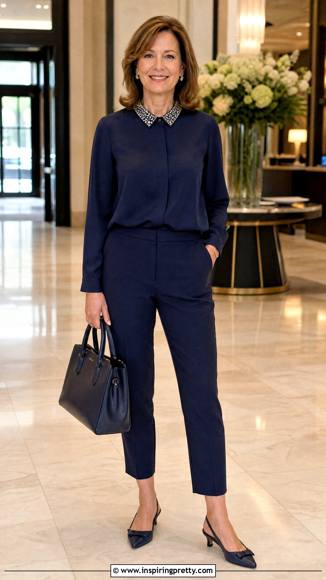 Embellished Collar Top With Ankle Trousers - 50 fancy tops for women styles