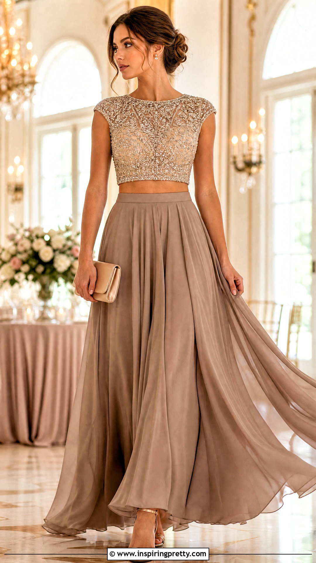 Embellished Crop Top With Chiffon Maxi Skirt - 20 crop top formal outfit ideas