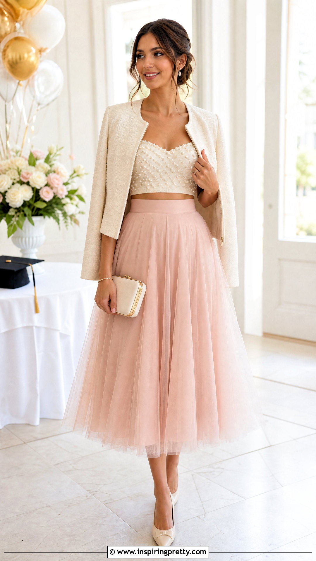 Embellished Crop Top With Tulle Midi Skirt - 50 cute crop tops outfit ideas