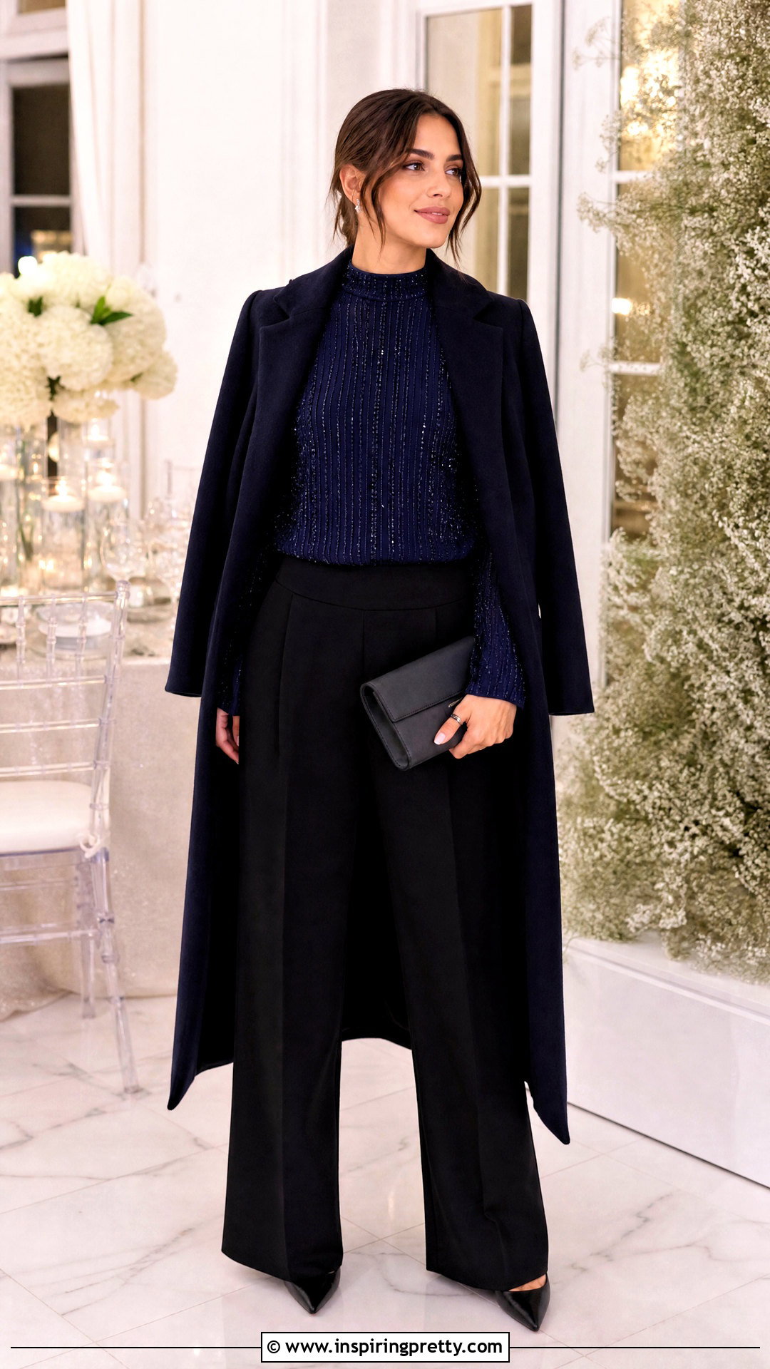 Embellished High Neck Top With Tailored Trousers - 50 high neck top outfit ideas
