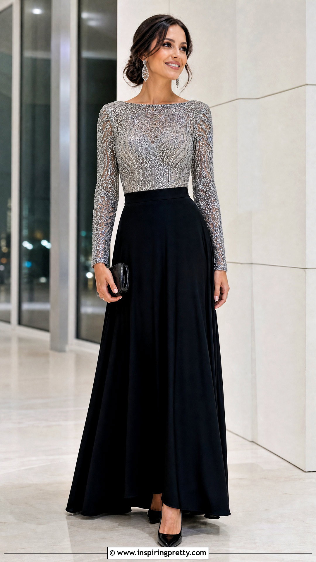 Embellished Long Sleeve Top With Black Maxi Skirt - 25 Long Sleeve Dress Tops outfit ideas