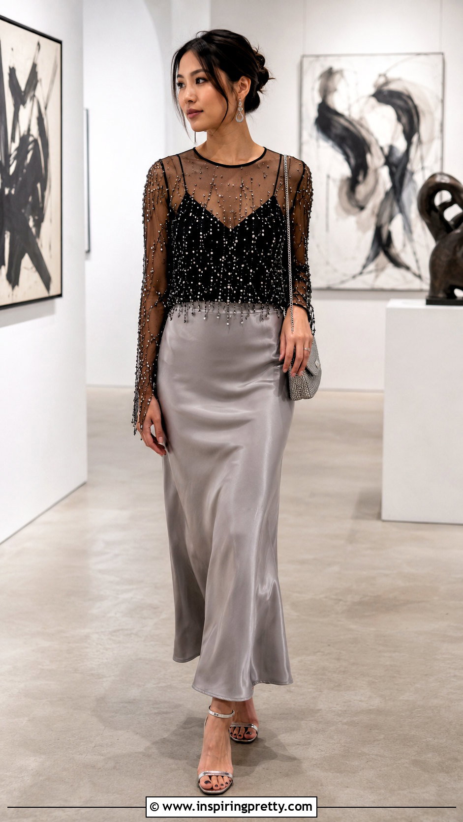 Embellished Mesh Top With Slip Skirt - 25 Beaded Embellished Top outfit ideas