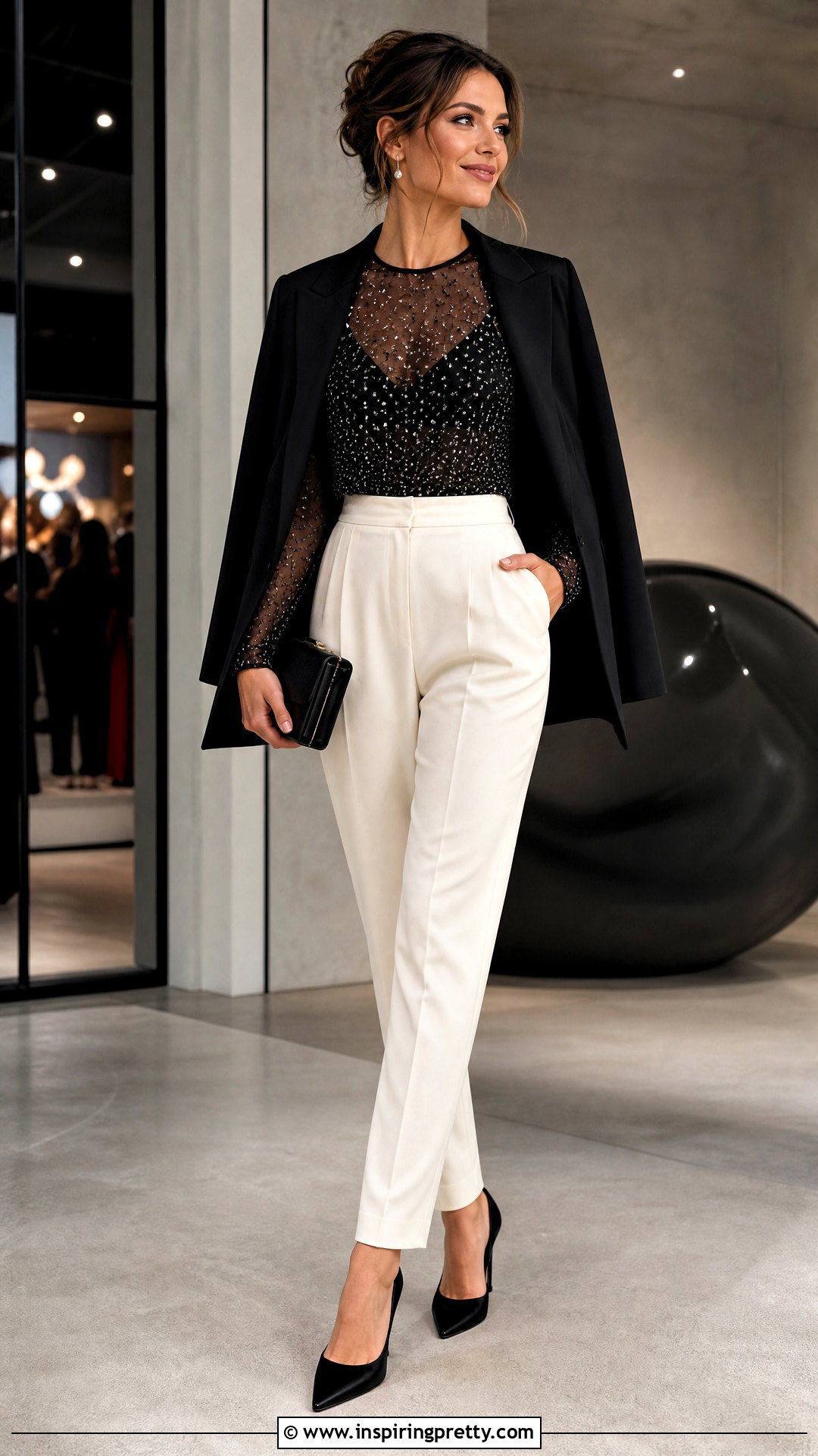 Embellished Mesh Top With Tailored Pants - 50 embellished top outfit ideas