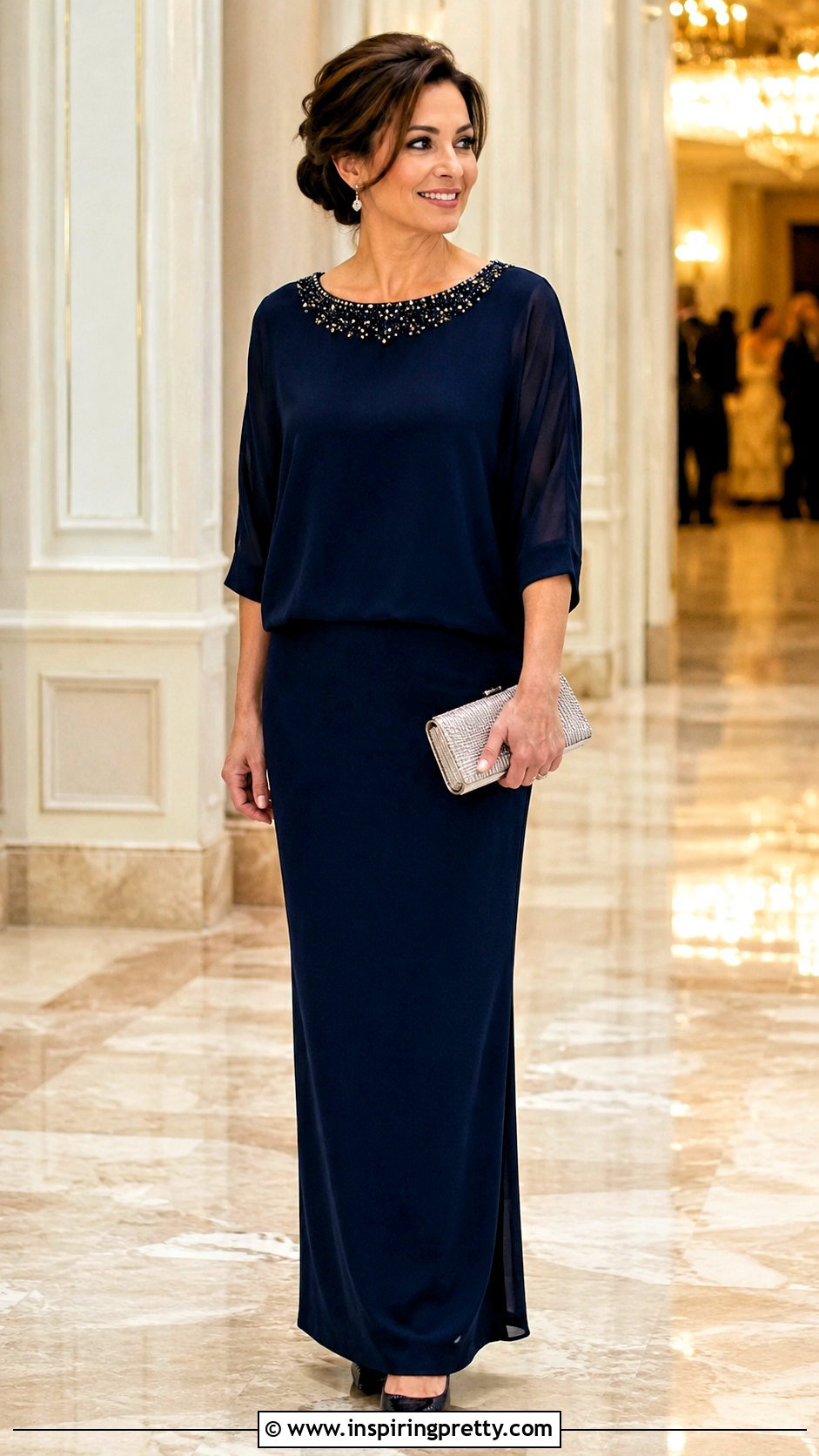 Embellished Neckline Top With Column Skirt - 50 formal tops outfit ideas