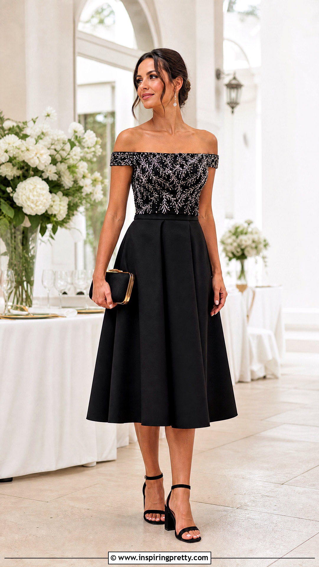 Embellished Off Shoulder Top With Midi Skirt - 50 embellished top outfit ideas