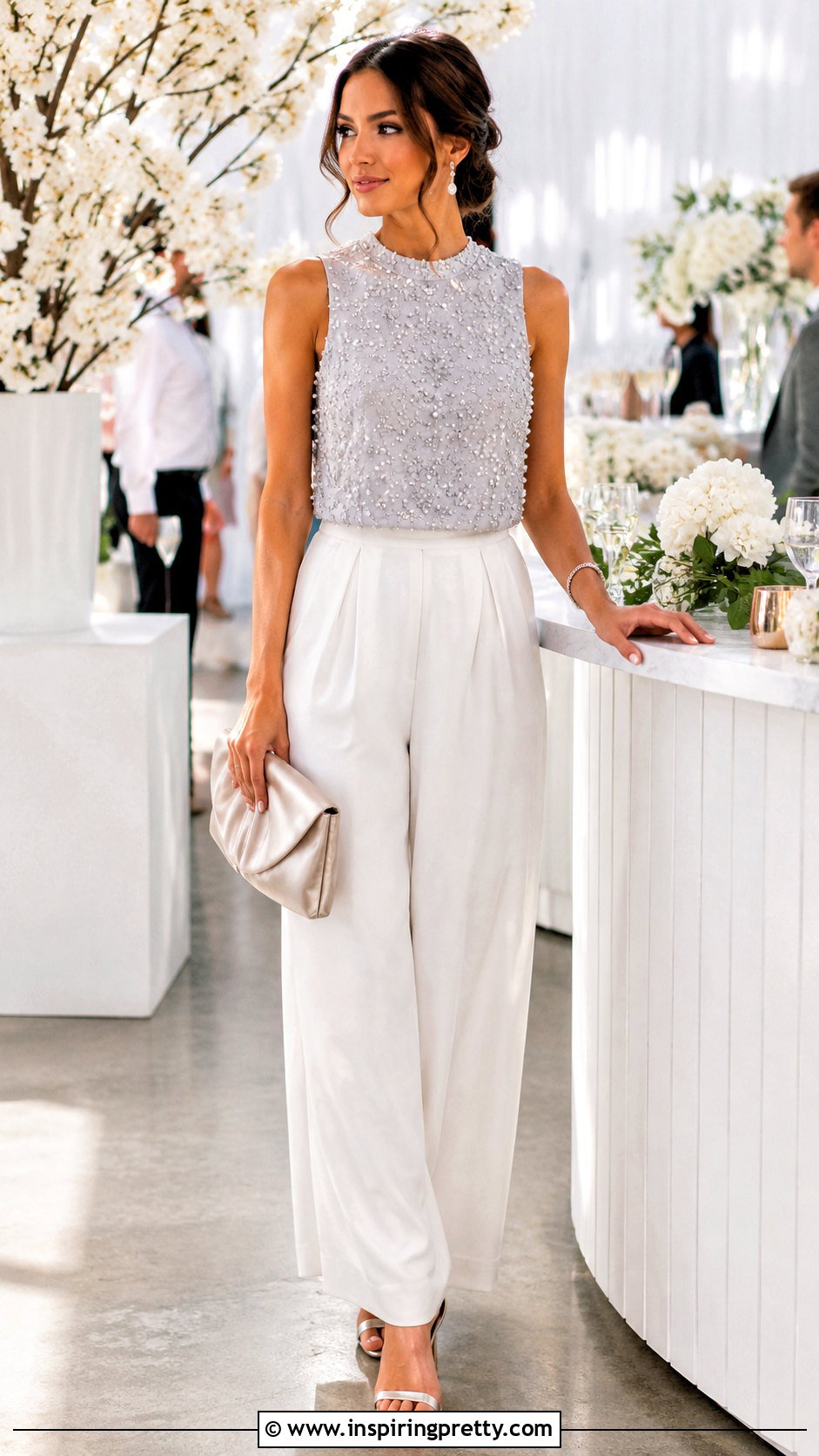 Embellished Party Top With White Trousers - 20 dressy party tops outfit ideas