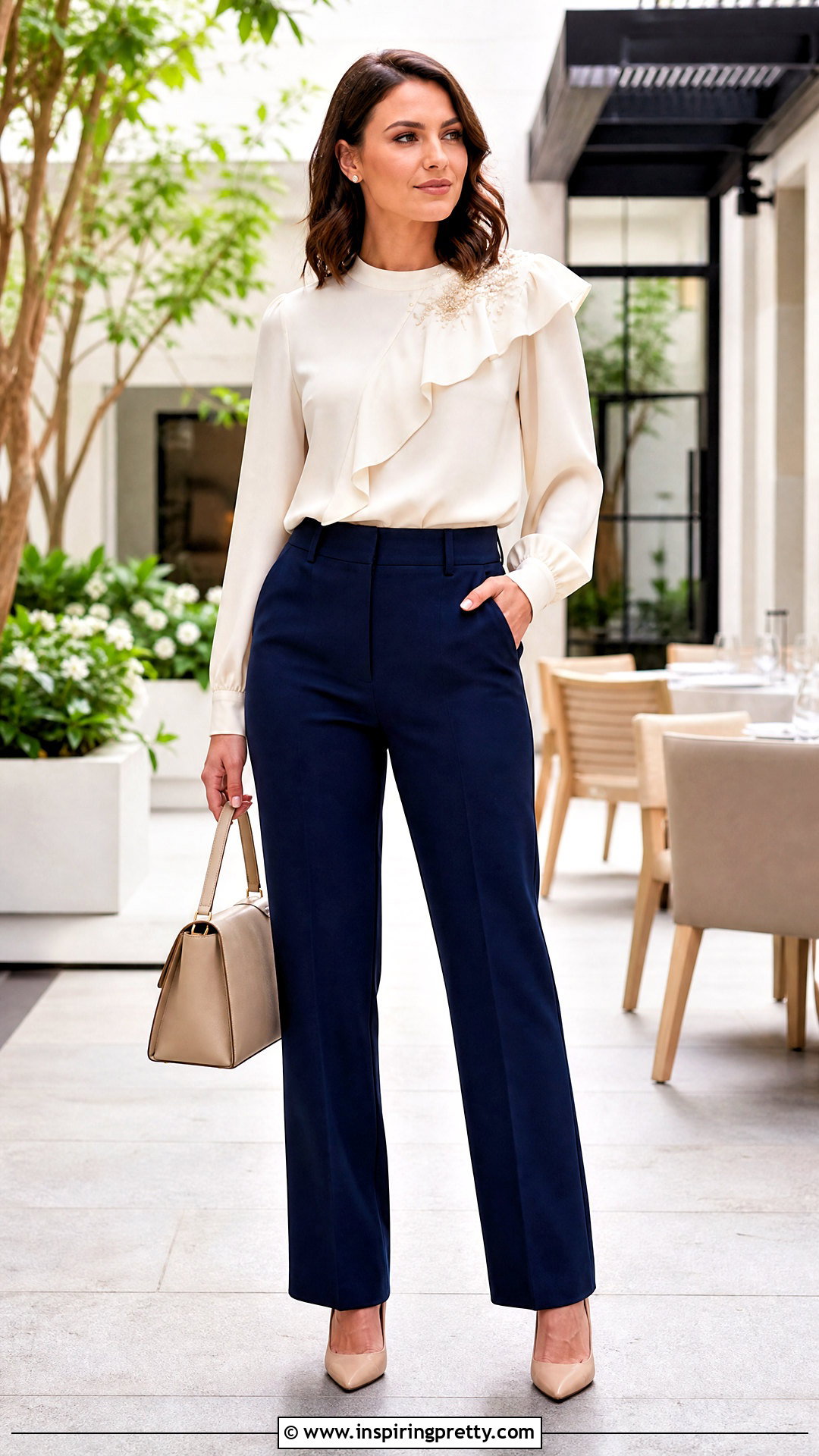 Embellished Ruffle Top With Straight Trousers - 50 embellished top outfit ideas
