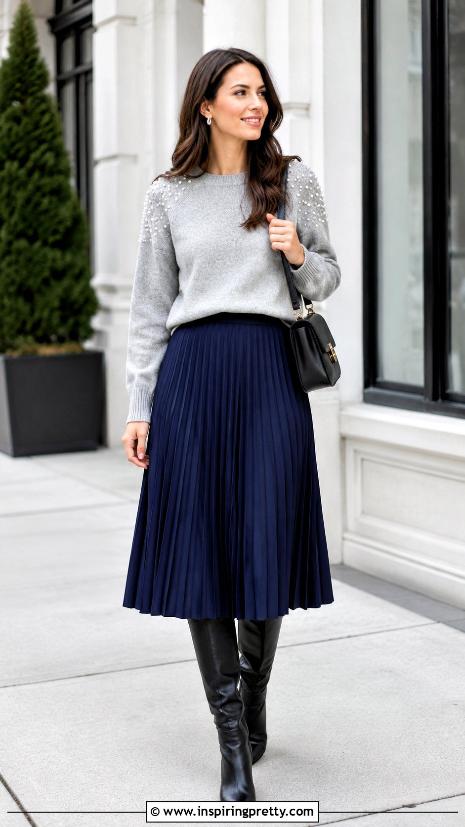 Embellished Shoulder Knit Top With Pleated Skirt - 20 embellished shoulder top outfit ideas