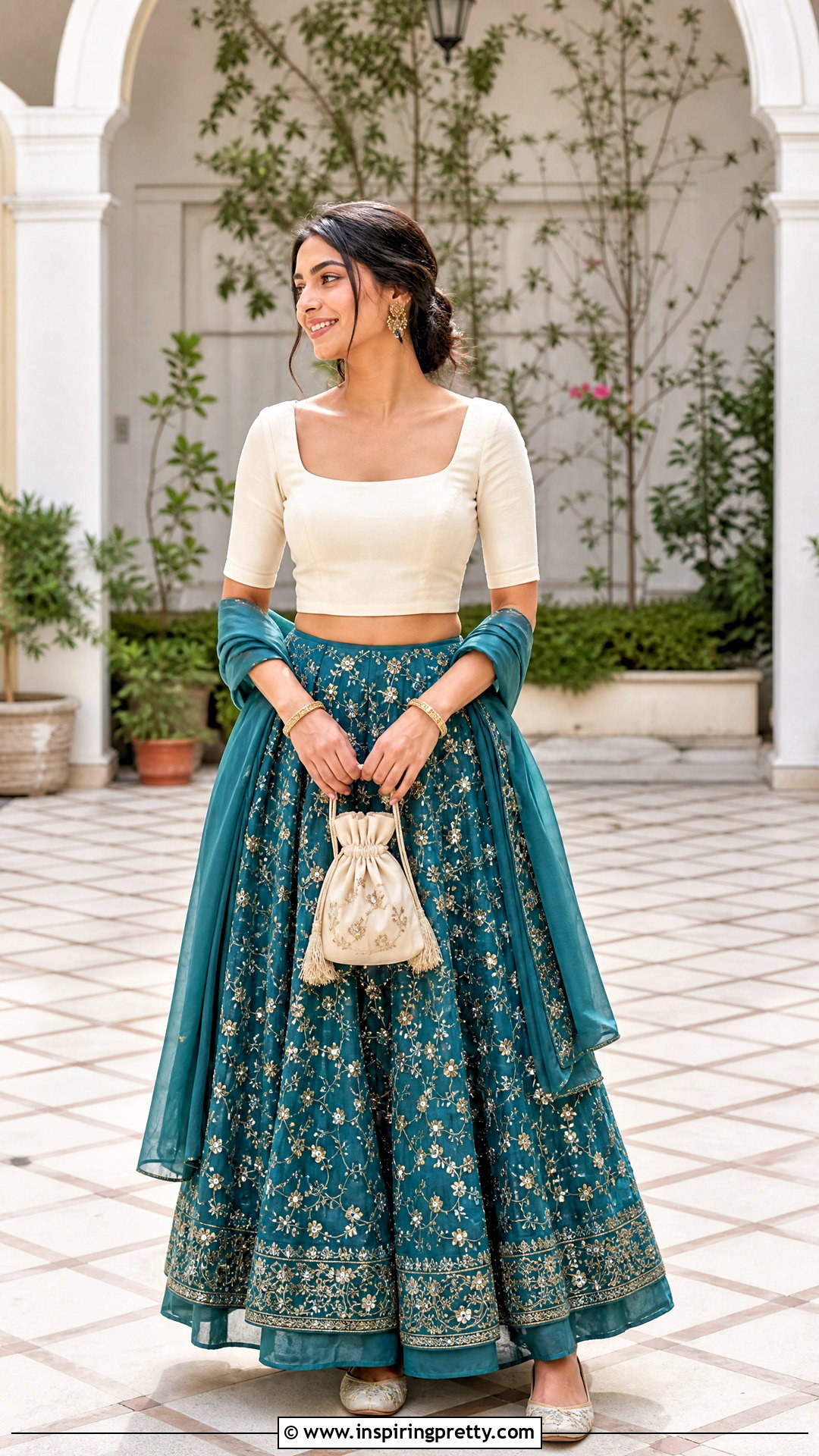 Embellished Skirt And Simple Cotton Top - 50 skirt and top traditional outfit ideas