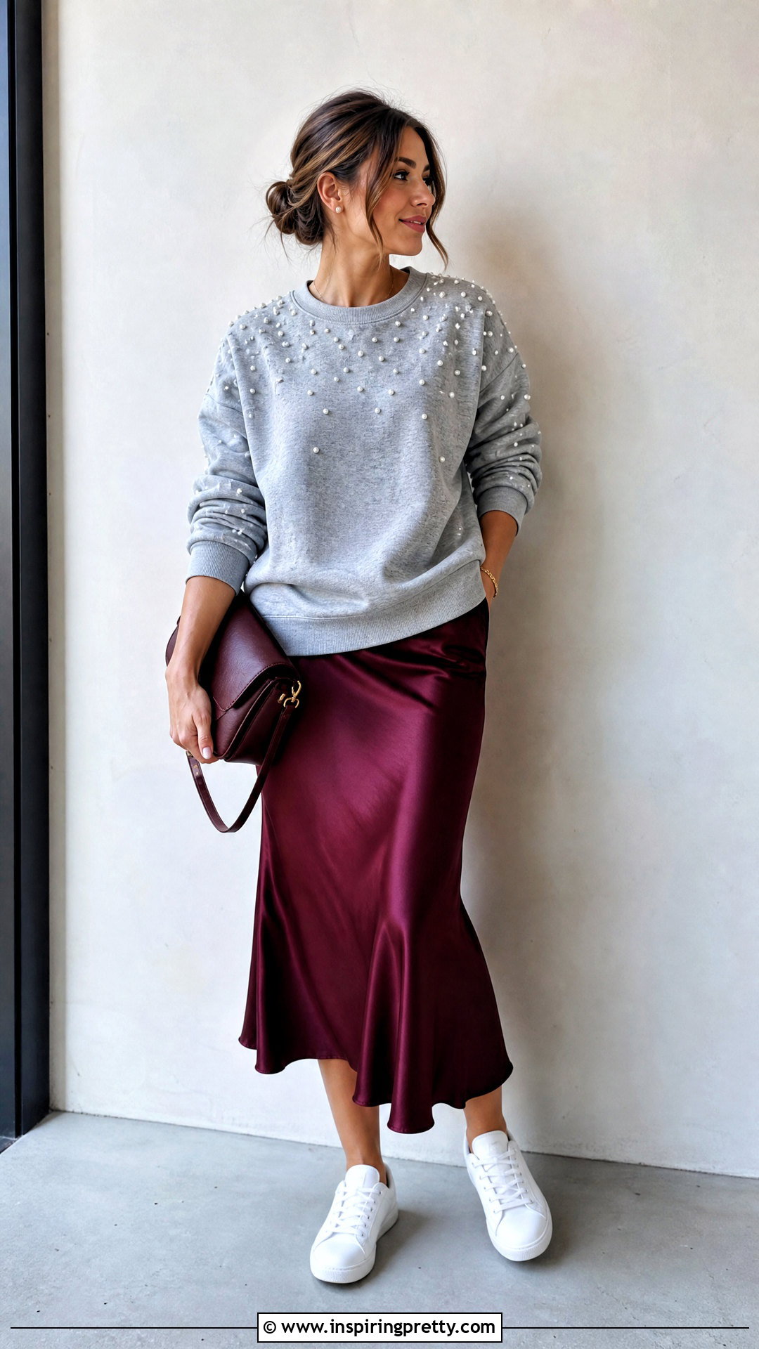 Embellished Statement Sweatshirt With Satin Skirt - 50 statement tops outfit ideas