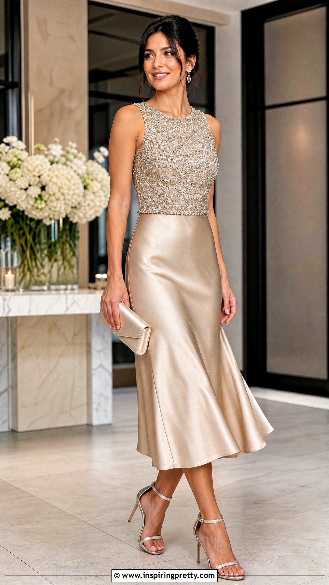 Embellished Top With Satin Midi Skirt - 50 fancy top outfit ideas