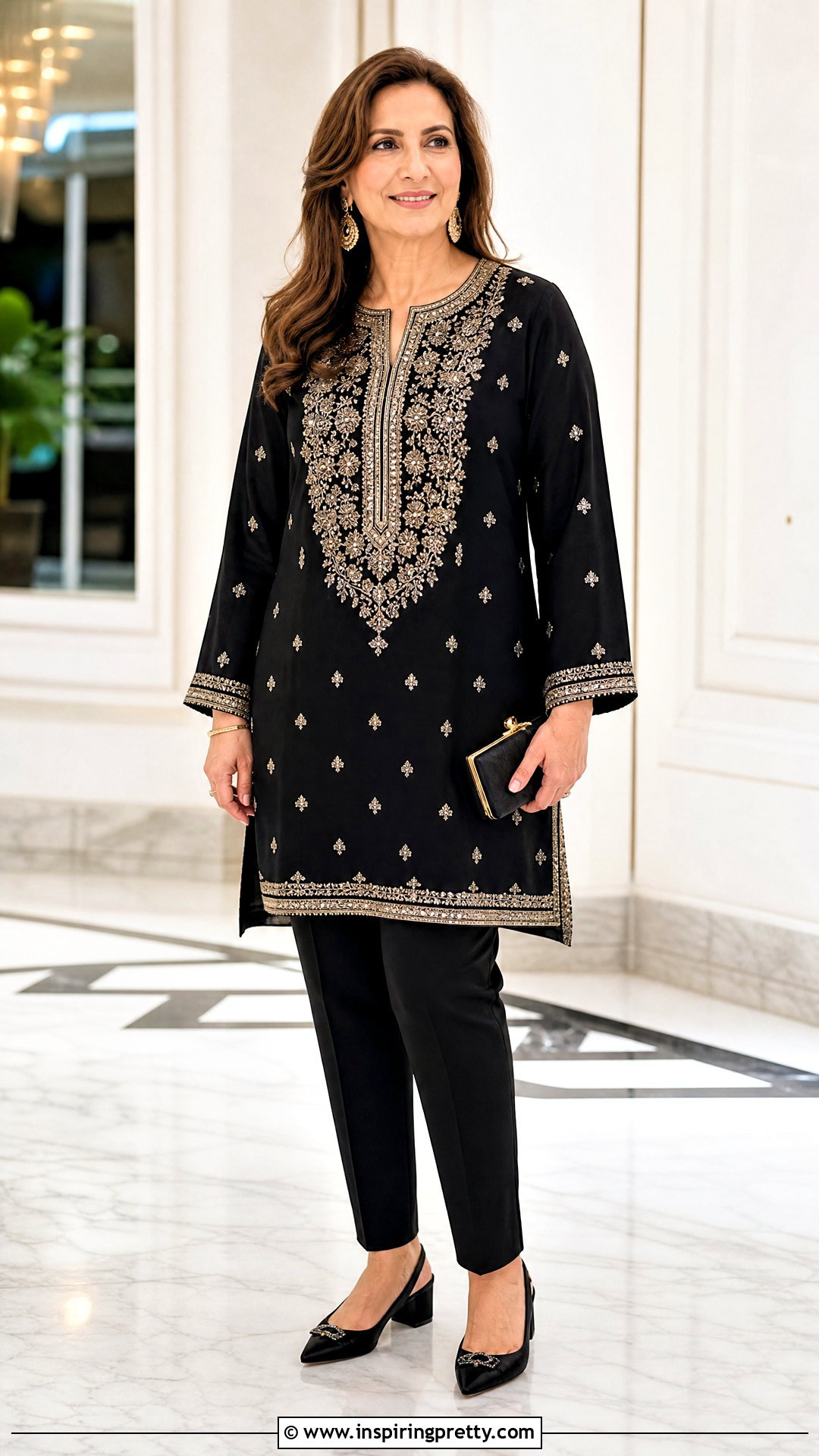 Embellished Tunic Party Top With Narrow Trousers - 50 party tops outfit ideas