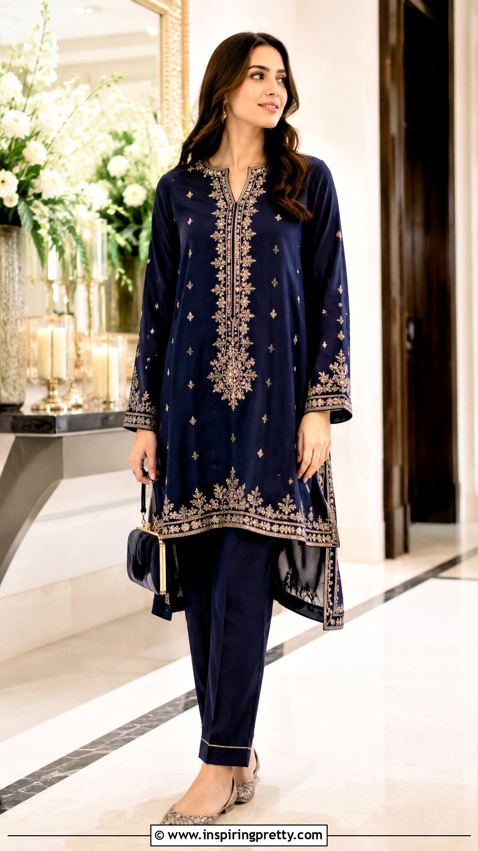 Embellished Tunic Top With Straight Pants - 50 fancy top designs for women