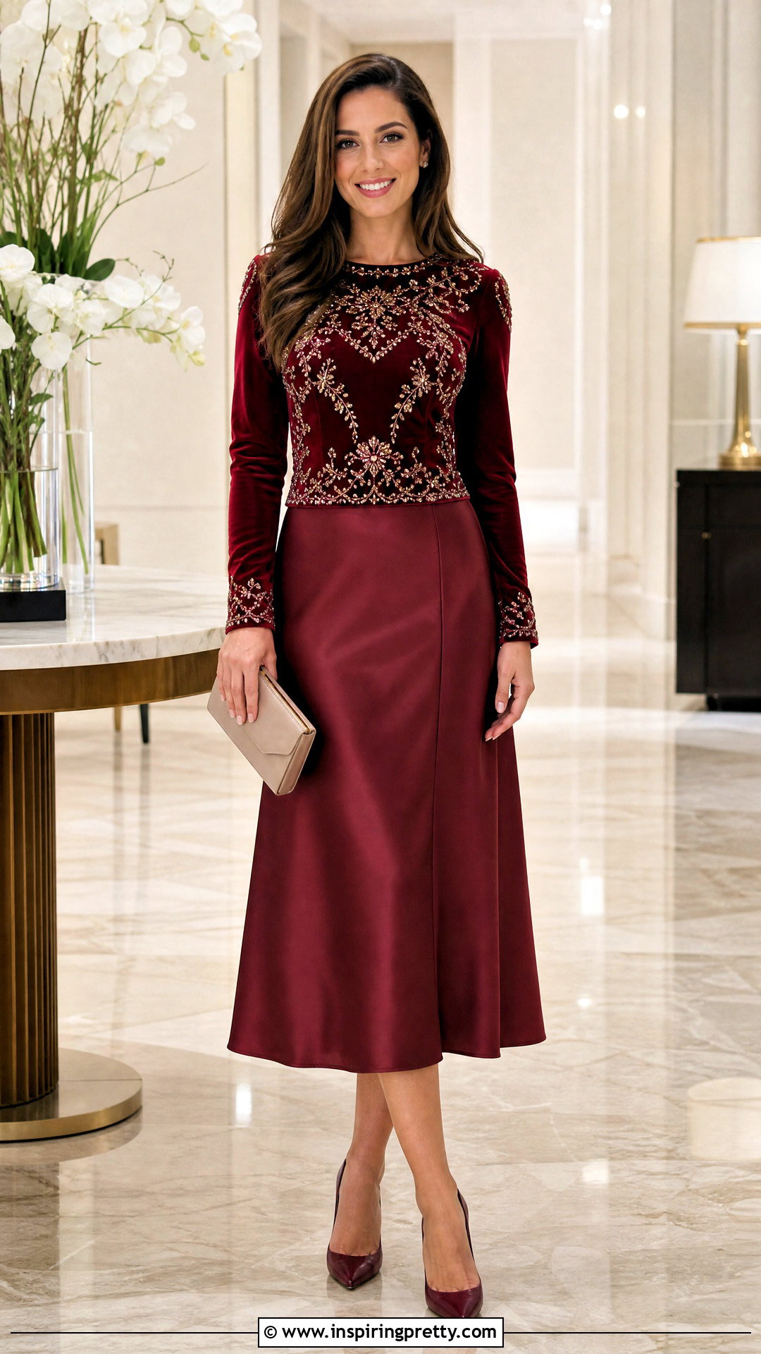 Embellished Velvet Top With Satin Skirt - 50 embellished top outfit ideas