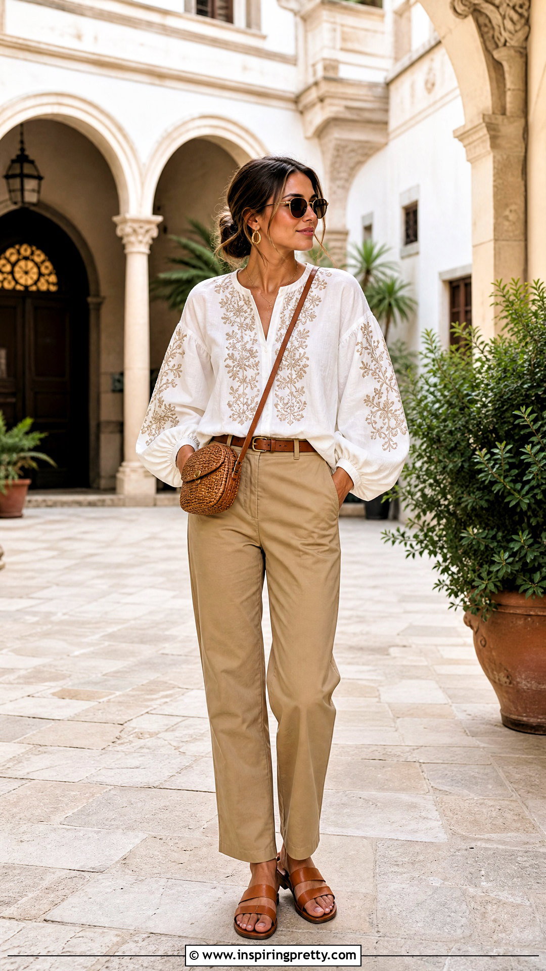 Embroidered Balloon Top With Khaki Pants - 50 balloon top outfit ideas