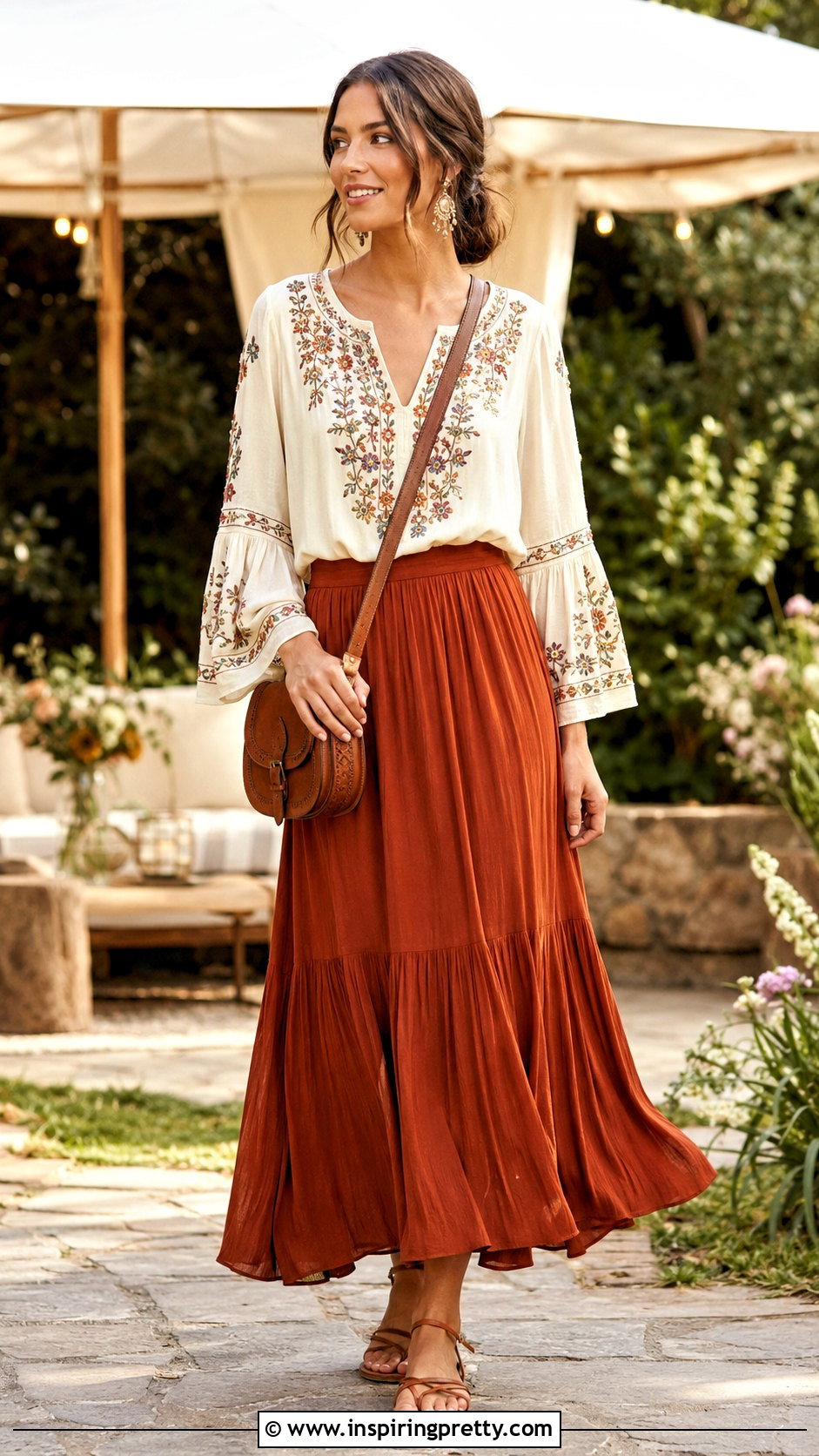 Embroidered Bell Sleeve Top With Maxi Skirt - 50 bell sleeve top outfit ideas